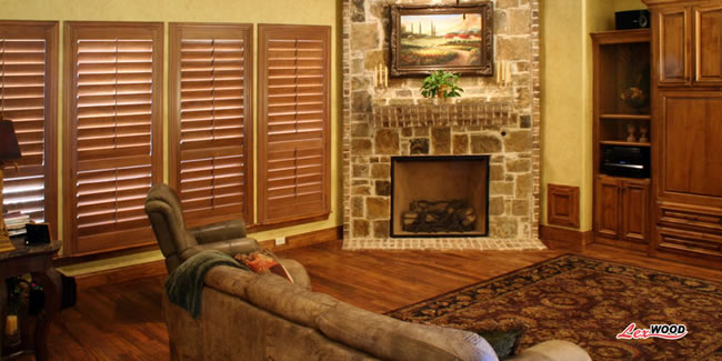 living room shutters doors windows fireplace